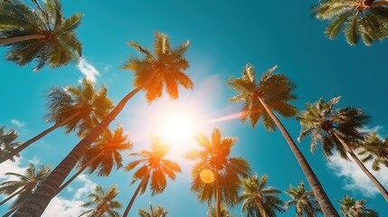 Fototapeta na wymiar a group of palm trees with the sun shining through them. Generative AI Art.