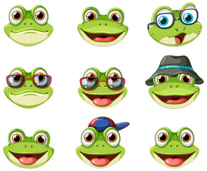 Collection of Frogs Faces in Cartoon Style