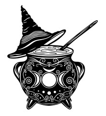 Hexenkessel mit Hexenhut und drei Monde, Triskelion. Vektor für Walpurgisnacht Halloween Samhain. Für Hexen Kräuterfrauen und Green Witch. - 615754415