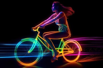 Fototapeta na wymiar Woman Riding a Neon Bike in Dark: Color Airbrush, Luminous Body, Colorful Redshift Render, Generated AI