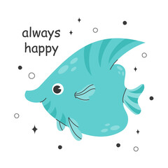 Poster with cute blue fish and lettering. Childish illustration of fish with doodle elements. Sea carp living at the bottom of the ocean. Vector stock illustration isolated on white background.