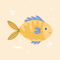 Poster with cute yellow fish and marine elements. Children's illustration of a fish. Sea carp living at the bottom of the ocean. Vector stock illustration isolated on white background. 