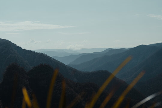Blue mountain layers through the valley at Kanangra Walls Lookout on a sunny day
