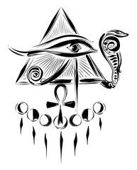 Horus Auge mit Pyramide Schlange Ankh und Mondphasen. Ägyptisches Schutzsymbol. - 615755868
