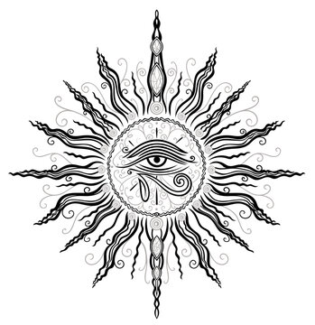 Sonne mit Horusauge. Vektor Symbol mit alles sehendem Auge des Horus. Sonnengott der alten Ägypter. 