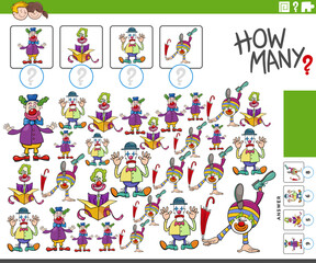 Naklejka premium how many cartoon clowns characters counting task