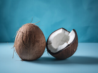 space vegetarian trend fruit copy coconut concept organic background blue tropical closeup. Generative AI.