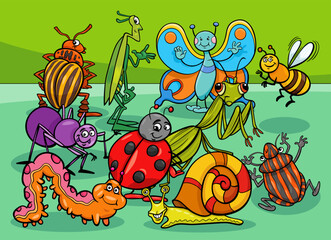Obraz na płótnie Canvas funny cartoon insects and snail comic characters group