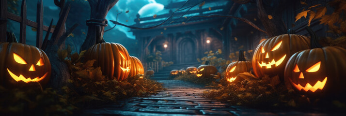 Glowing pumpkins against the backdrop of a spooky forest with a house .Cemetery.Halloween party with pumpkins. Halloween night in fantasy style. Banner.Generative AI