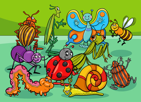 funny cartoon insects and snail comic characters group