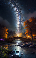 Luxurious shining blue light milky way galaxy over bridge in scenic environment
