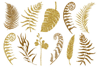 Set of hand-drawn shiny ferns leaves, metal twigs with glittering leaves of abstract plants, sparkling dry leaf of palm, splashes of gold, a spatter of gold elemets for invitation, bannres, cards