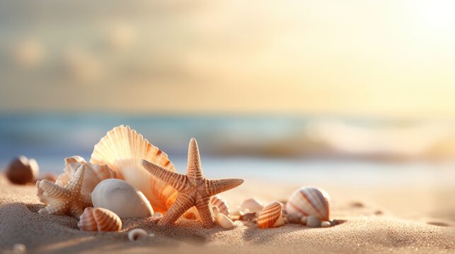a starfish and shells on sand. Generative AI Art.
