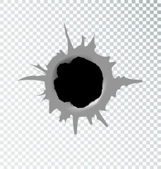 Ragged hole torn in torn metal yin bullets on a transparent background. Vector