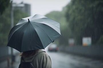 Woman walking on rainy day with umbrella. Without face. Bad weather concept.  - obrazy, fototapety, plakaty