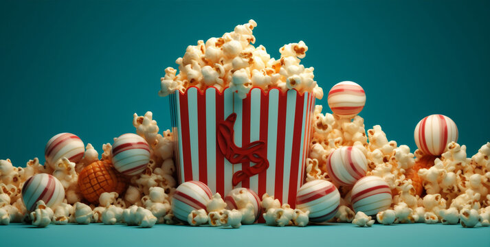 bucket film box corn isolated blue cinema red popcorn background food. Generative AI.