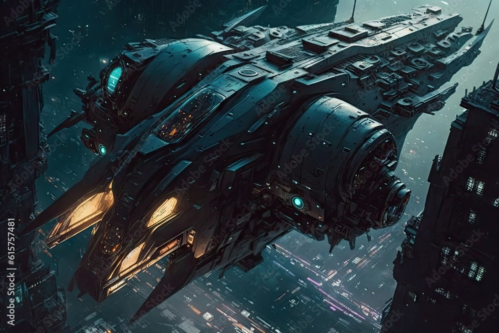 Poster cyber punk spaceship seen from above. glorious generative ai.