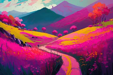 Rolgordijnen Art design of landscape painting in amazing mountain in the forest. Concept of lifestream colorful magical in beautiful village in natural background. Glorious generative AI. © Summit Art Creations