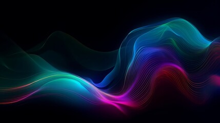 An abstract fluid iridescent holographic neon curved wave in motion is showcased in a gradient design background. Generative AI