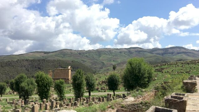 View of Roman ruins in the ancient city of Cuicul on a cloudy day. Djemila, Setif, Algeria