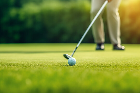 A close-up of a golfer swinging a club on a pristine fairway surrounded by lush green grass. Generative AI technology.