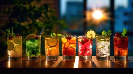 Fototapeta na wymiar a row of colorful drinks. Generative AI Art.