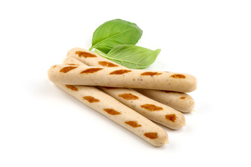 Grilled German White Thin sausages, isolated on a white background. Close-up.