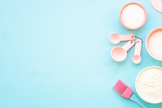 Food Baking Background. Ingredients For Cooking At Blue. Flat Lay.