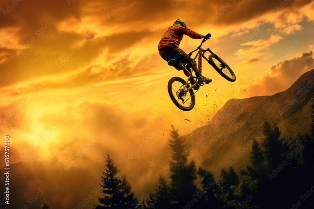 Poster a dynamic silhouette of a mountain biker soaring through the air against the backdrop of a vibrant g