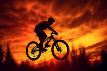 Fototapeta na wymiar The graceful silhouette of a cyclist performing a stylish jump on his bike, framed by the warm hues of the setting sun, Generative AI technology.
