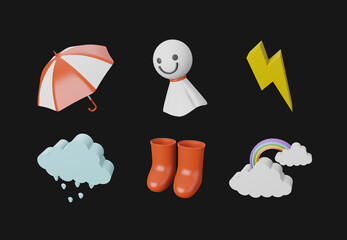 3d illustration rainy icons set on black background
