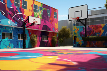 A vibrant outdoor basketball court featuring colorful graffiti art on the walls, adding an urban and energetic vibe to the playing area. Generative AI technology. - obrazy, fototapety, plakaty