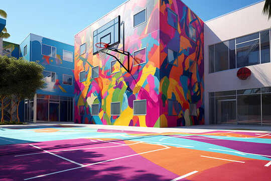 A Vibrant Outdoor Basketball Court Featuring Colorful Graffiti Art On The Walls. Generative AI Technology.