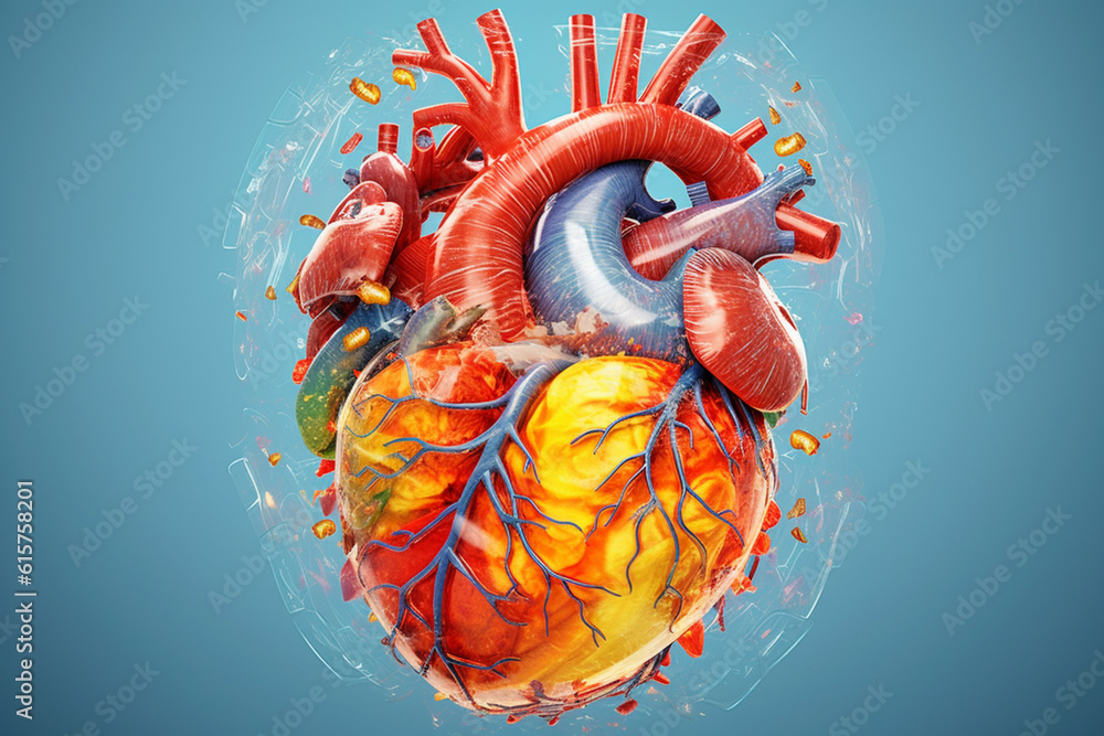 Poster an illustration of a human heart with transparent sections, revealing the flow of blood and highligh