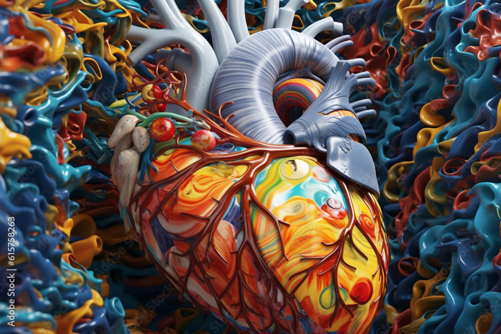 Aufkleber an abstract representation of a human heart, composed of colorful swirls and patterns, conveying the