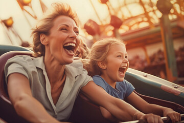 Candid moment of a mother and young daughter riding a rollercoaster at an amusement park and having a lot of fun and laughing