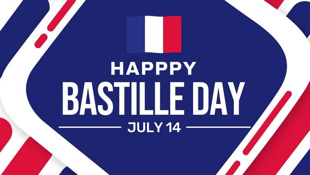 July 14 is observed as Bastille Day in France, 4K Animation with waving flag and typography. Happy Bastille day animation