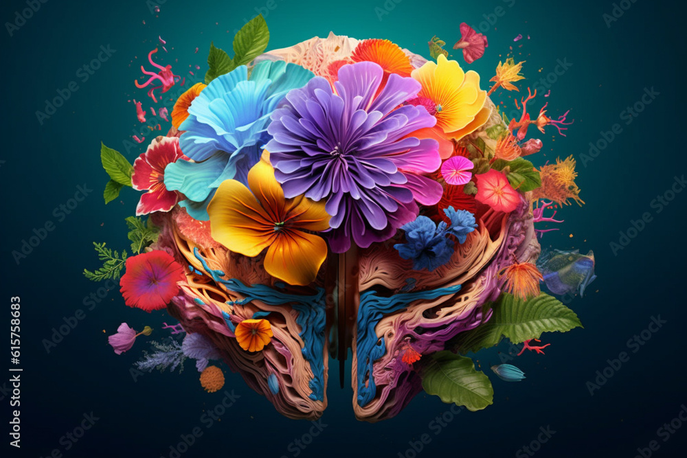 Poster a digital artwork displaying a surreal fusion of a brain and blossoming flowers, evoking a sense of 