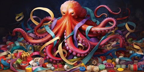 Whimsical octopus playfully tangled in colorful assortment of ribbons, concept of Organic unity, created with Generative AI technology
