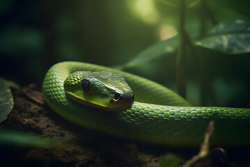 Fototapeta premium The Green Mamba of the Tropical Forest. Generative AI