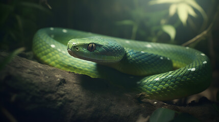 Fototapeta premium The Green Mamba of the Tropical Forest. Generative AI