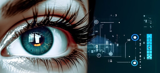 Woman eye with digital coding iris screen. Concept of iris recognition. AI generated