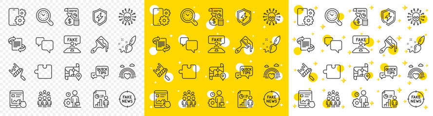 Outline Brush, Accounting and Internet report line icons pack for web with Quick tips, Employee, Paint brush line icon. Group people, Paint roller, Business report pictogram icon. Vector