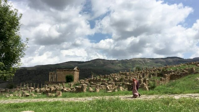 View of Roman ruins in the ancient city of Cuicul on a cloudy day. Djemila, Setif, Algeria