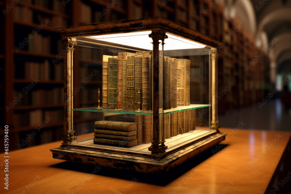 Fototapete A photograph of an open old book displayed in a glass case within a prestigious library. Generative AI technology.