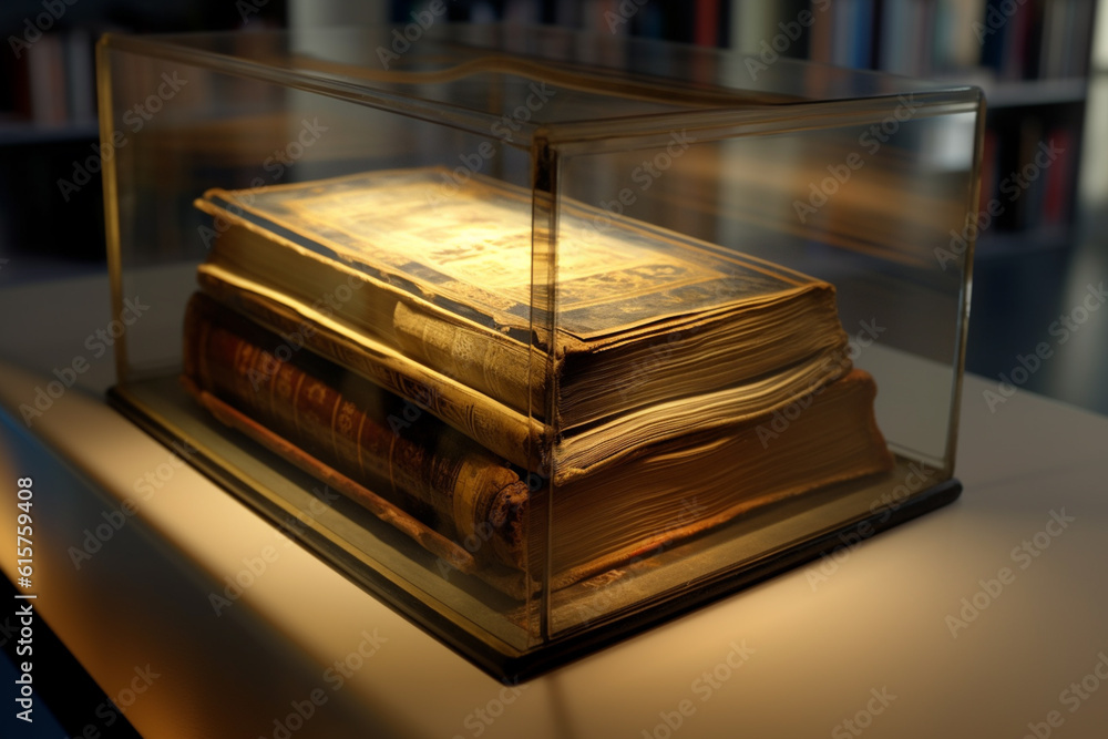 Aufkleber A photograph of an open old book displayed in a glass case within a prestigious library. Generative AI technology.