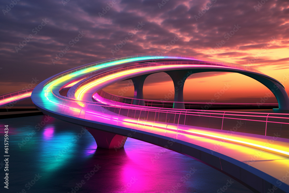 Poster a visually striking image of a futuristic rainbow bridge with a sleek, modern design. generative ai 