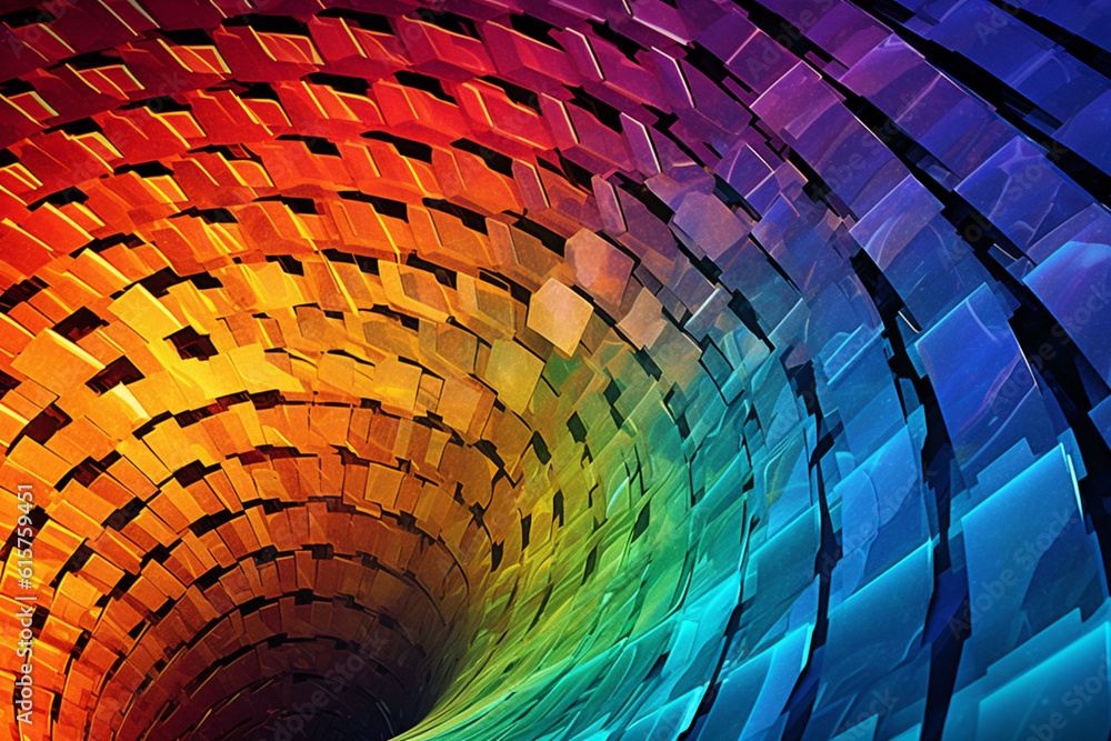 Poster an abstract representation of a rainbow bridge formed by an intricate arrangement of geometric shape