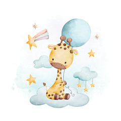 Watercolor illustration baby giraffe and balloon sits on cloud with stars - obrazy, fototapety, plakaty