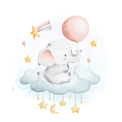 Watercolor illustration baby elephant and balloon sits on cloud with stars